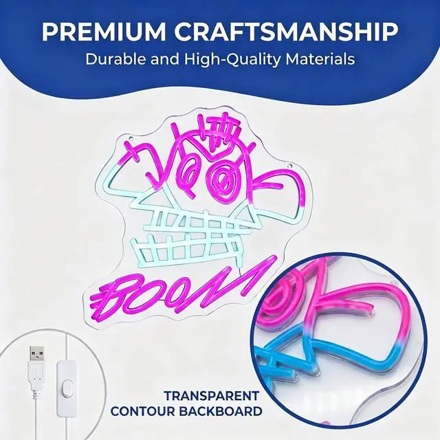 Alt view image 6 of 7 - "BOOM!" Neon Sign with Cyberpunk Girl Art 13.8"x12.2" Pink & Blue LED Wall Decor Graffiti Style Light for Gaming Room, Bedroom & Street Art Space