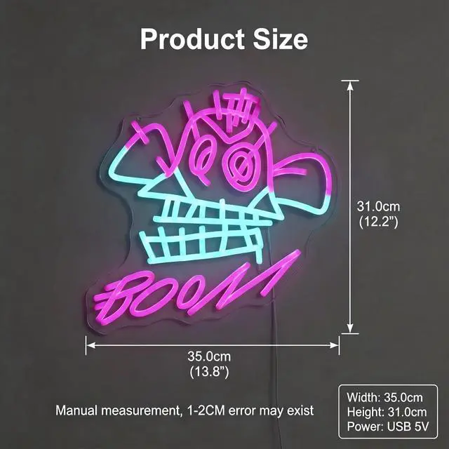 Alt view image 7 of 7 - "BOOM!" Neon Sign with Cyberpunk Girl Art 13.8"x12.2" Pink & Blue LED Wall Decor Graffiti Style Light for Gaming Room, Bedroom & Street Art Space