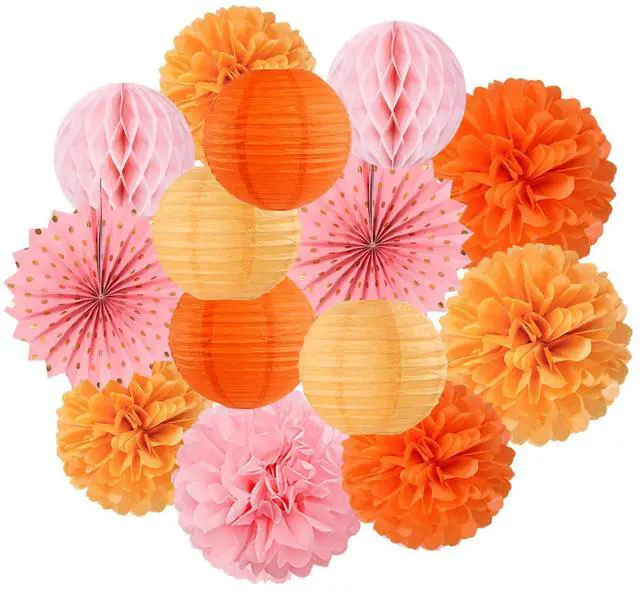 Main image of Pink-Orange Groovy-Thanksgiving Engagement Party-Decorations - 14pcs Fall Autumn Harvest Paper Lanterns Fan,Tissue Pom Poms Streamers,Honeycomb Balls,Birthday Baby Bridal Shower Wedding Decor Ouruola