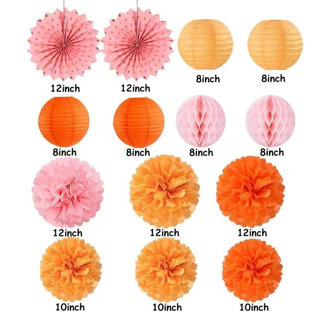 Alt view image 2 of 7 - Pink-Orange Groovy-Thanksgiving Engagement Party-Decorations - 14pcs Fall Autumn Harvest Paper Lanterns Fan,Tissue Pom Poms Streamers,Honeycomb Balls,Birthday Baby Bridal Shower Wedding Decor Ouruola