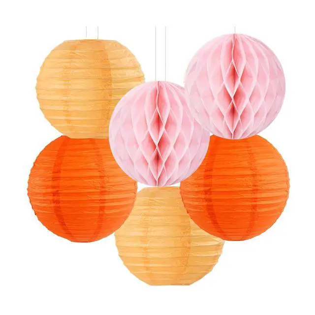 Alt view image 3 of 7 - Pink-Orange Groovy-Thanksgiving Engagement Party-Decorations - 14pcs Fall Autumn Harvest Paper Lanterns Fan,Tissue Pom Poms Streamers,Honeycomb Balls,Birthday Baby Bridal Shower Wedding Decor Ouruola