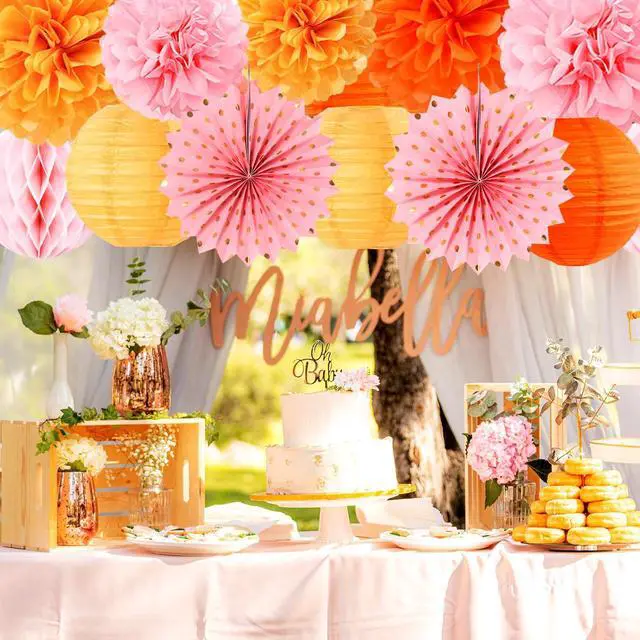 Alt view image 4 of 7 - Pink-Orange Groovy-Thanksgiving Engagement Party-Decorations - 14pcs Fall Autumn Harvest Paper Lanterns Fan,Tissue Pom Poms Streamers,Honeycomb Balls,Birthday Baby Bridal Shower Wedding Decor Ouruola