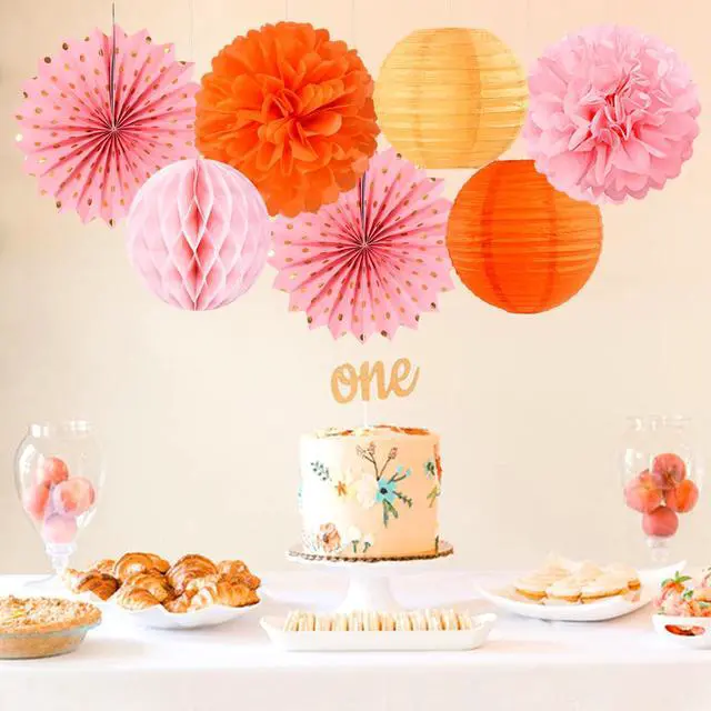 Alt view image 5 of 7 - Pink-Orange Groovy-Thanksgiving Engagement Party-Decorations - 14pcs Fall Autumn Harvest Paper Lanterns Fan,Tissue Pom Poms Streamers,Honeycomb Balls,Birthday Baby Bridal Shower Wedding Decor Ouruola