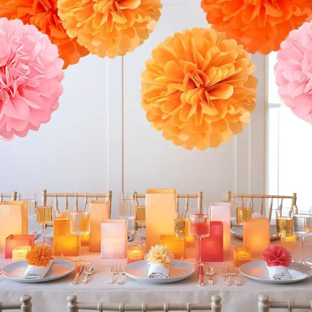 Alt view image 6 of 7 - Pink-Orange Groovy-Thanksgiving Engagement Party-Decorations - 14pcs Fall Autumn Harvest Paper Lanterns Fan,Tissue Pom Poms Streamers,Honeycomb Balls,Birthday Baby Bridal Shower Wedding Decor Ouruola