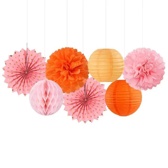 Alt view image 7 of 7 - Pink-Orange Groovy-Thanksgiving Engagement Party-Decorations - 14pcs Fall Autumn Harvest Paper Lanterns Fan,Tissue Pom Poms Streamers,Honeycomb Balls,Birthday Baby Bridal Shower Wedding Decor Ouruola