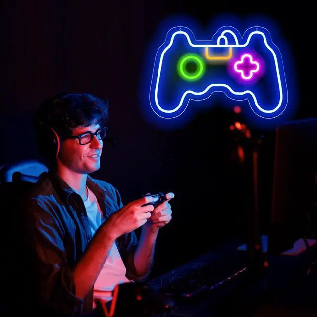 Alt view image 4 of 7 - Game Neon Sign for Gamer Room Decor, Led Dimmable Neon Signs Wall Decorations for Living Room Bedroom Gamepad Controller Shape Lights Game Room Decor, Best Gamer Gifts for Boys, Kids