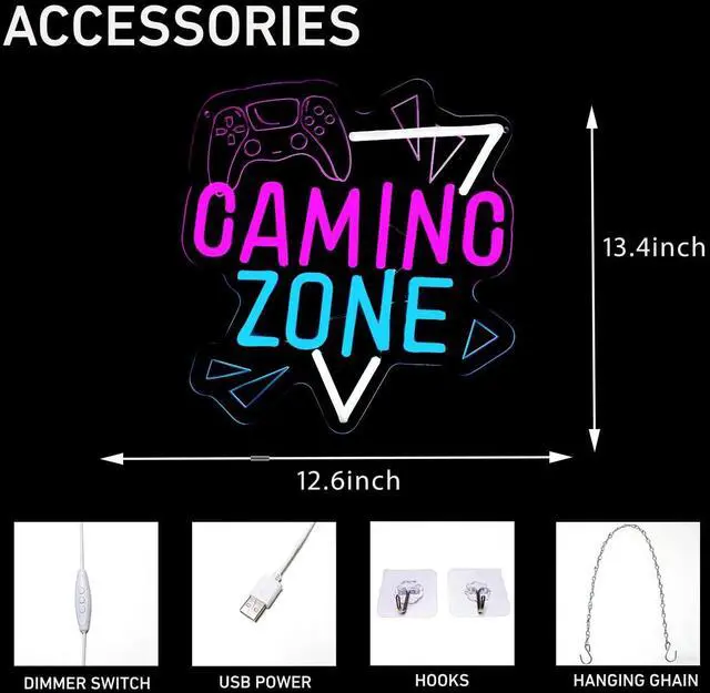 Alt view image 5 of 6 - Gaming Zone Neon Sign Game for Wall Decor, Dimmable LED Neon Light with USB Powered for Game Room Bedroom Man Cave Kids room Decor, Gifts for Gamer