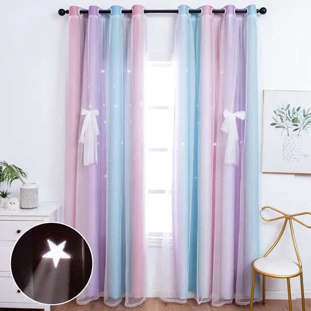 Main image of 2 Panels Blackout Curtains for Kids Girls Bedroom Aesthetic Living Room Decor Colorful Double Layer Star Cut Out Stripe Pink Rainbow Window Wall Home Decoration,W52 x L63 Inches