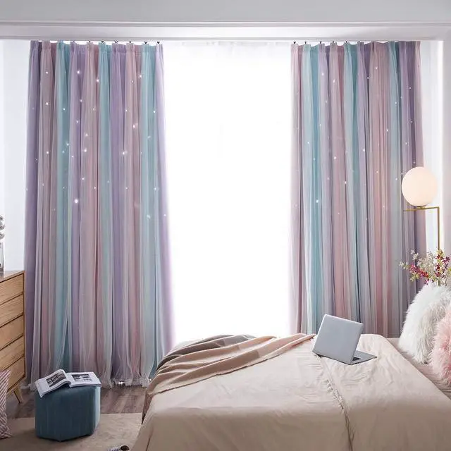 Alt view image 2 of 7 - 2 Panels Blackout Curtains for Kids Girls Bedroom Aesthetic Living Room Decor Colorful Double Layer Star Cut Out Stripe Pink Rainbow Window Wall Home Decoration,W52 x L63 Inches