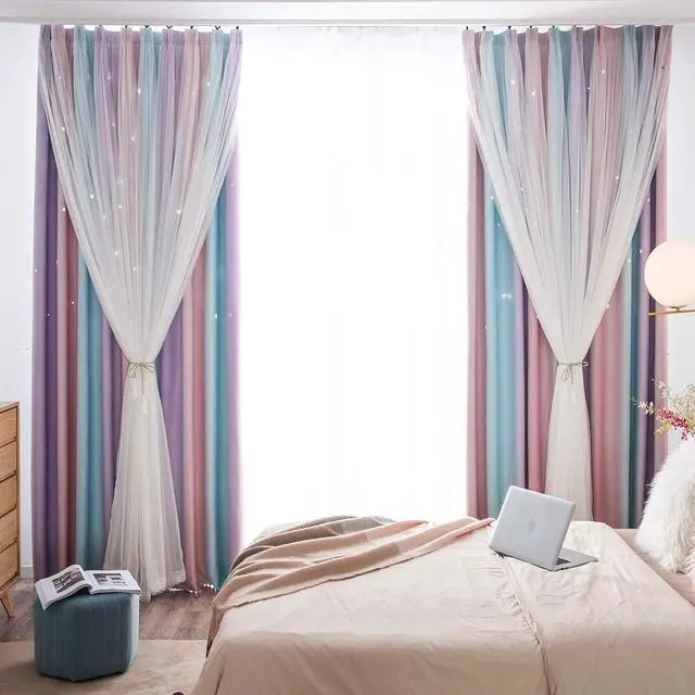 Alt view image 3 of 7 - 2 Panels Blackout Curtains for Kids Girls Bedroom Aesthetic Living Room Decor Colorful Double Layer Star Cut Out Stripe Pink Rainbow Window Wall Home Decoration,W52 x L63 Inches