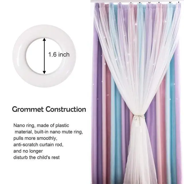 Alt view image 6 of 7 - 2 Panels Blackout Curtains for Kids Girls Bedroom Aesthetic Living Room Decor Colorful Double Layer Star Cut Out Stripe Pink Rainbow Window Wall Home Decoration,W52 x L63 Inches
