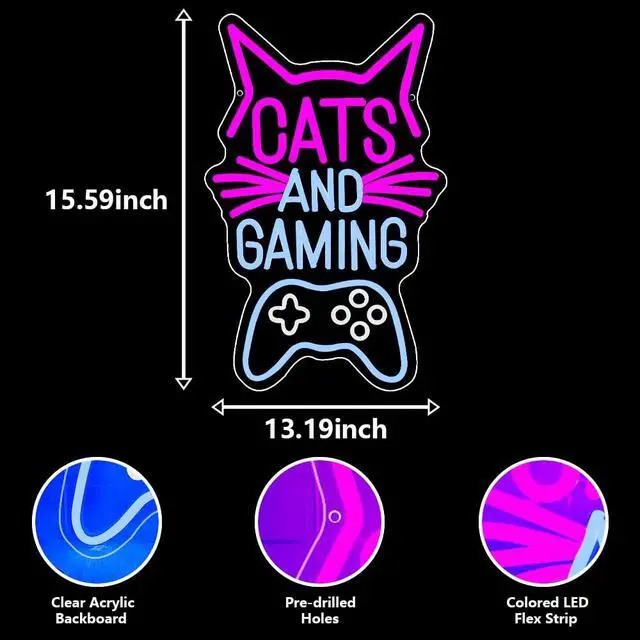 Alt view image 3 of 7 - Cats and Gaming Neon Sign,Gaming Cat Neon Light Signs for Game Room Wall Decor, Cool Gamer Lights for Bedroom Art Decor,LED USB Power Light Sign for Boys and Girls Birthday Gift