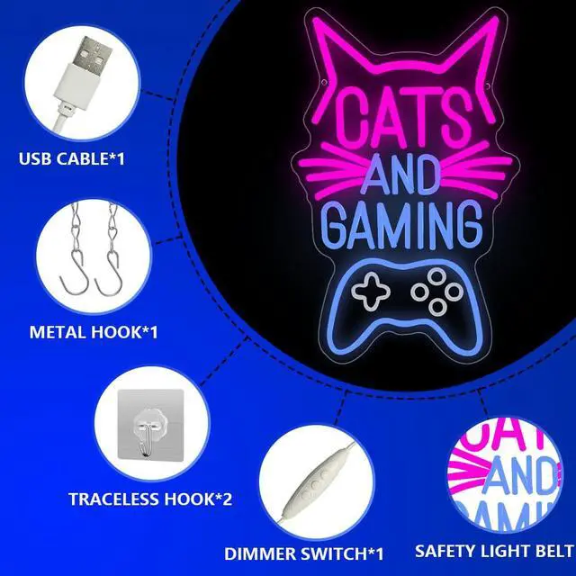 Alt view image 4 of 7 - Cats and Gaming Neon Sign,Gaming Cat Neon Light Signs for Game Room Wall Decor, Cool Gamer Lights for Bedroom Art Decor,LED USB Power Light Sign for Boys and Girls Birthday Gift