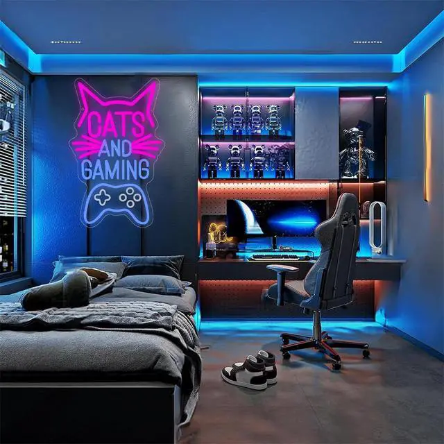 Alt view image 7 of 7 - Cats and Gaming Neon Sign,Gaming Cat Neon Light Signs for Game Room Wall Decor, Cool Gamer Lights for Bedroom Art Decor,LED USB Power Light Sign for Boys and Girls Birthday Gift