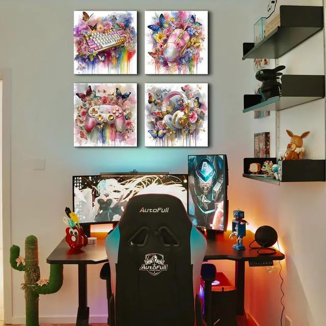 Alt view image 2 of 6 - Pink and Gold Wall Art Graffiti Gaming Flowers Butterfly Pictures for Gamer Girls Room Decor Aesthetic Game Gamepad Headphone Canvas Prints Bedroom Playroom Games Posters Home Decoration 12x12 4Pcs