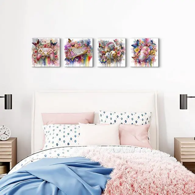 Alt view image 4 of 6 - Pink and Gold Wall Art Graffiti Gaming Flowers Butterfly Pictures for Gamer Girls Room Decor Aesthetic Game Gamepad Headphone Canvas Prints Bedroom Playroom Games Posters Home Decoration 12x12 4Pcs