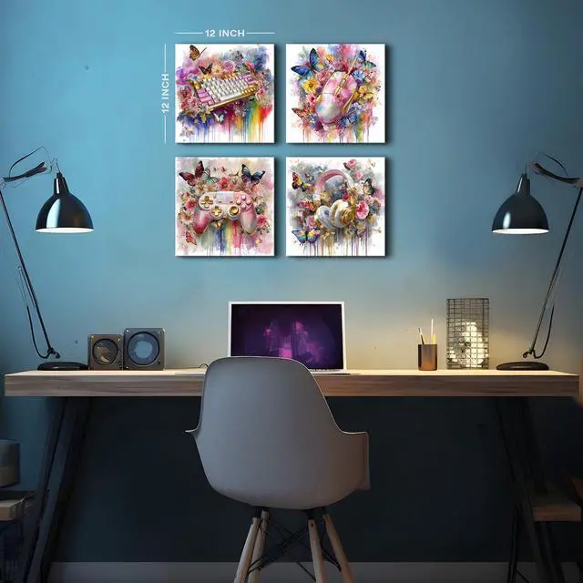 Alt view image 3 of 6 - Pink and Gold Wall Art Graffiti Gaming Flowers Butterfly Pictures for Gamer Girls Room Decor Aesthetic Game Gamepad Headphone Canvas Prints Bedroom Playroom Games Posters Home Decoration 12x12 4Pcs