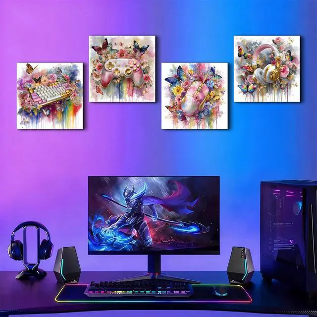 Alt view image 5 of 6 - Pink and Gold Wall Art Graffiti Gaming Flowers Butterfly Pictures for Gamer Girls Room Decor Aesthetic Game Gamepad Headphone Canvas Prints Bedroom Playroom Games Posters Home Decoration 12x12 4Pcs