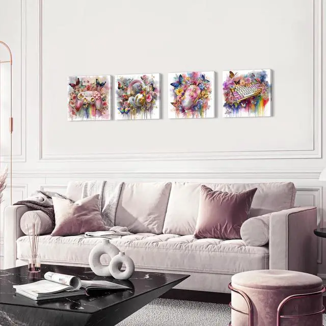 Alt view image 6 of 6 - Pink and Gold Wall Art Graffiti Gaming Flowers Butterfly Pictures for Gamer Girls Room Decor Aesthetic Game Gamepad Headphone Canvas Prints Bedroom Playroom Games Posters Home Decoration 12x12 4Pcs