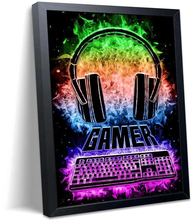 Main image of Neon Gamer Wall Art Framed Canvas Print, Colorful Headphones and Keyboard Gaming Poster, Cool Video Game Room Decor for Boys Bedroom Game Room Decor Oil Painting 12x16 Inch
