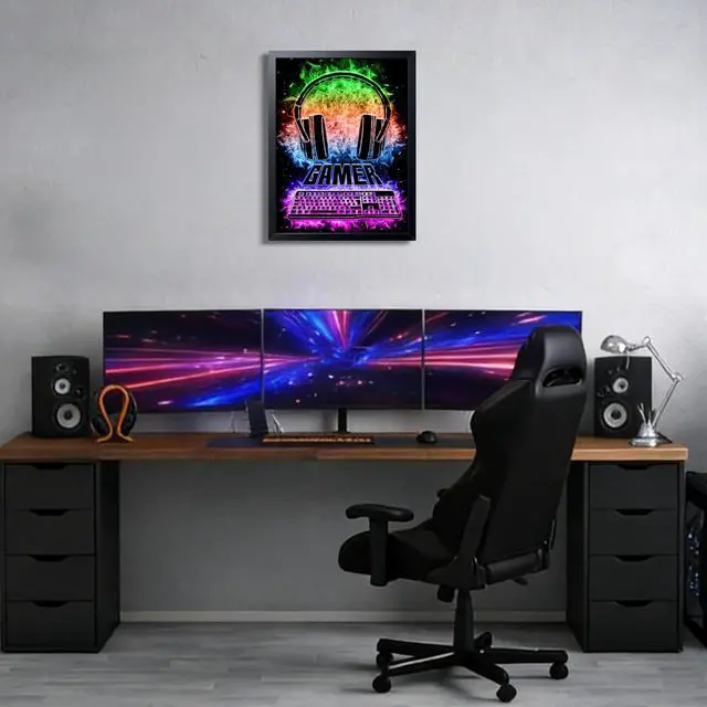Alt view image 2 of 7 - Neon Gamer Wall Art Framed Canvas Print, Colorful Headphones and Keyboard Gaming Poster, Cool Video Game Room Decor for Boys Bedroom Game Room Decor Oil Painting 12x16 Inch
