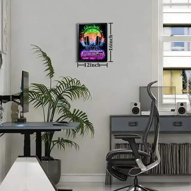 Alt view image 3 of 7 - Neon Gamer Wall Art Framed Canvas Print, Colorful Headphones and Keyboard Gaming Poster, Cool Video Game Room Decor for Boys Bedroom Game Room Decor Oil Painting 12x16 Inch