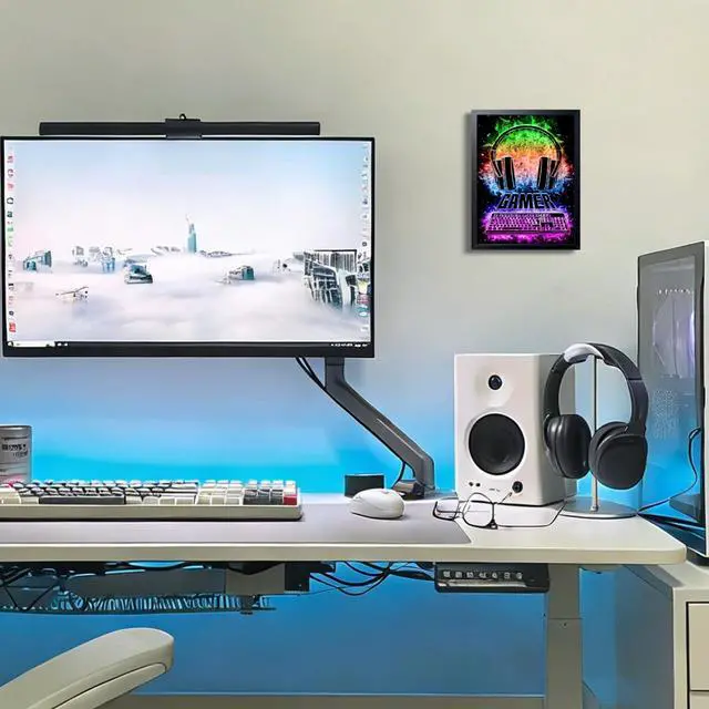 Alt view image 5 of 7 - Neon Gamer Wall Art Framed Canvas Print, Colorful Headphones and Keyboard Gaming Poster, Cool Video Game Room Decor for Boys Bedroom Game Room Decor Oil Painting 12x16 Inch