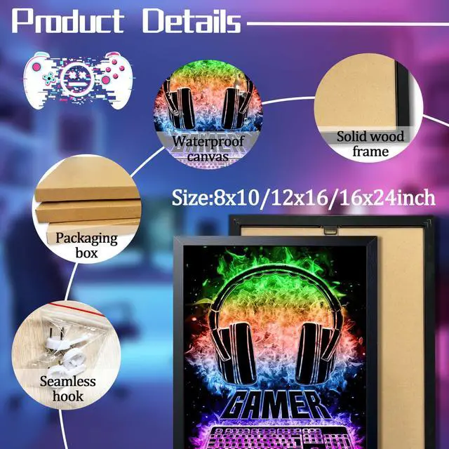 Alt view image 4 of 7 - Neon Gamer Wall Art Framed Canvas Print, Colorful Headphones and Keyboard Gaming Poster, Cool Video Game Room Decor for Boys Bedroom Game Room Decor Oil Painting 12x16 Inch