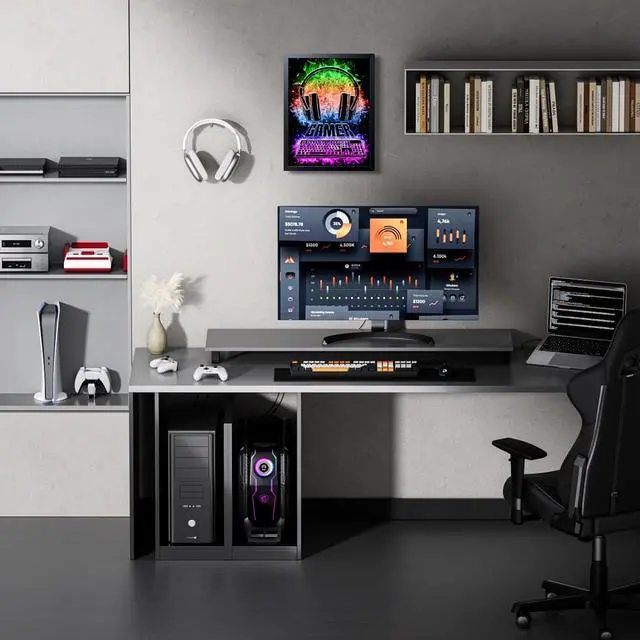 Alt view image 6 of 7 - Neon Gamer Wall Art Framed Canvas Print, Colorful Headphones and Keyboard Gaming Poster, Cool Video Game Room Decor for Boys Bedroom Game Room Decor Oil Painting 12x16 Inch