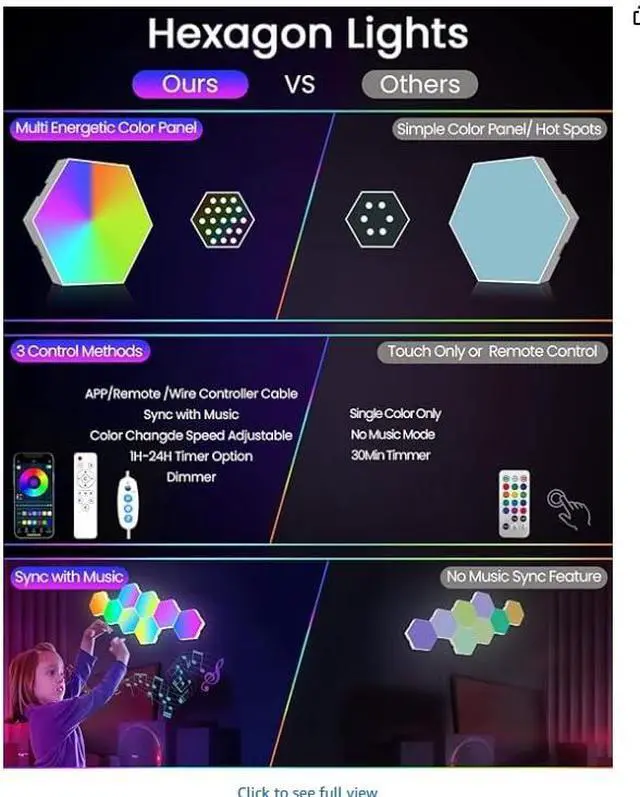 Alt view image 2 of 7 - 12 Pack Hexagon LED Lights Panels Smart RGB Wall Lights with APP/Remote & Music Sync, DIY Modular & Gaming Room Decor, Wall LED Panels Lights for Bedroom
