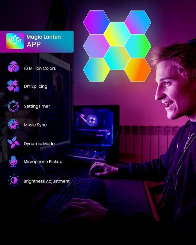 Alt view image 4 of 7 - 12 Pack Hexagon LED Lights Panels Smart RGB Wall Lights with APP/Remote & Music Sync, DIY Modular & Gaming Room Decor, Wall LED Panels Lights for Bedroom