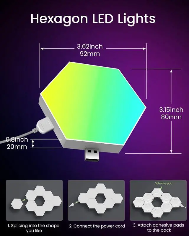 Alt view image 6 of 7 - 12 Pack Hexagon LED Lights Panels Smart RGB Wall Lights with APP/Remote & Music Sync, DIY Modular & Gaming Room Decor, Wall LED Panels Lights for Bedroom