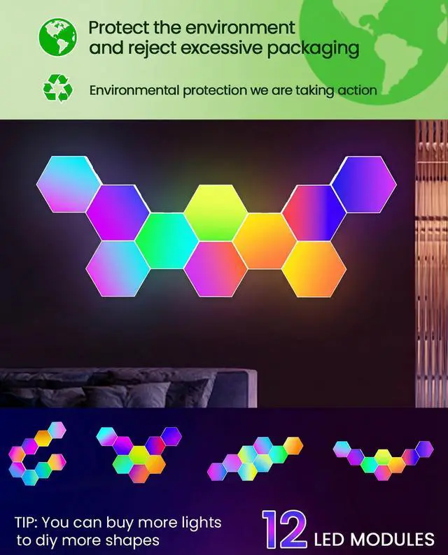 Alt view image 3 of 7 - 12 Pack Hexagon LED Lights Panels Smart RGB Wall Lights with APP/Remote & Music Sync, DIY Modular & Gaming Room Decor, Wall LED Panels Lights for Bedroom