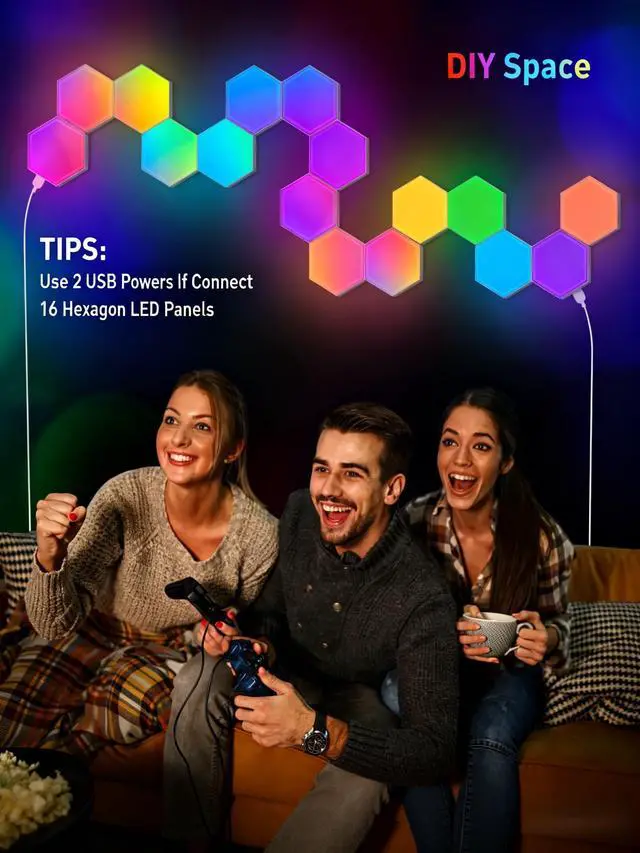 Alt view image 5 of 7 - 12 Pack Hexagon LED Lights Panels Smart RGB Wall Lights with APP/Remote & Music Sync, DIY Modular & Gaming Room Decor, Wall LED Panels Lights for Bedroom