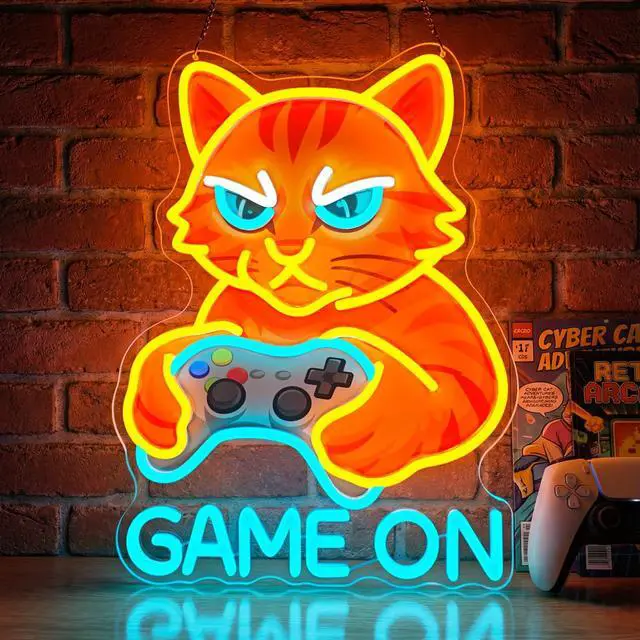 Main image of Game On Cat Neon Sign,Neon Signs for Wall Decor,LED Gamer Cat Neon Light for Gaming Room,Funny Cat Holding Controller Neon Wall Decor,USB Powered Bright Sign for Bedroom,Game Zone,Teen Rooms