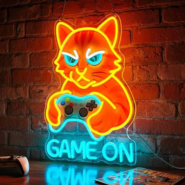 Alt view image 2 of 7 - Game On Cat Neon Sign,Neon Signs for Wall Decor,LED Gamer Cat Neon Light for Gaming Room,Funny Cat Holding Controller Neon Wall Decor,USB Powered Bright Sign for Bedroom,Game Zone,Teen Rooms