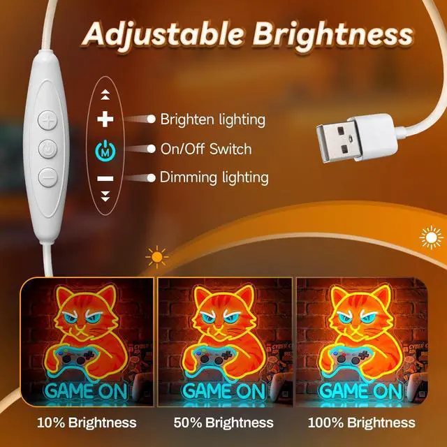 Alt view image 4 of 7 - Game On Cat Neon Sign,Neon Signs for Wall Decor,LED Gamer Cat Neon Light for Gaming Room,Funny Cat Holding Controller Neon Wall Decor,USB Powered Bright Sign for Bedroom,Game Zone,Teen Rooms