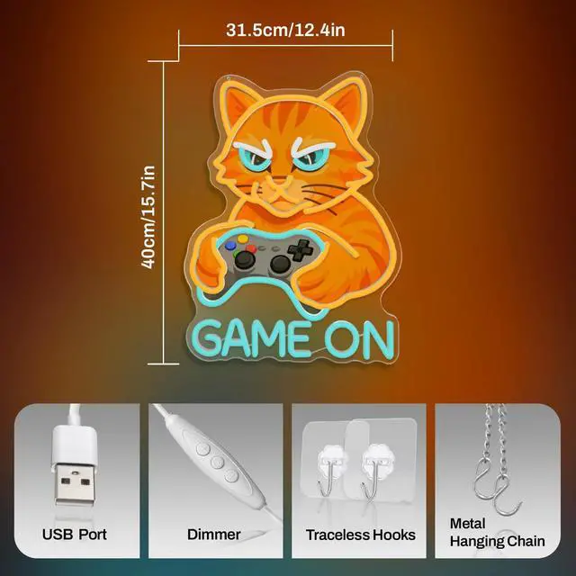 Alt view image 3 of 7 - Game On Cat Neon Sign,Neon Signs for Wall Decor,LED Gamer Cat Neon Light for Gaming Room,Funny Cat Holding Controller Neon Wall Decor,USB Powered Bright Sign for Bedroom,Game Zone,Teen Rooms