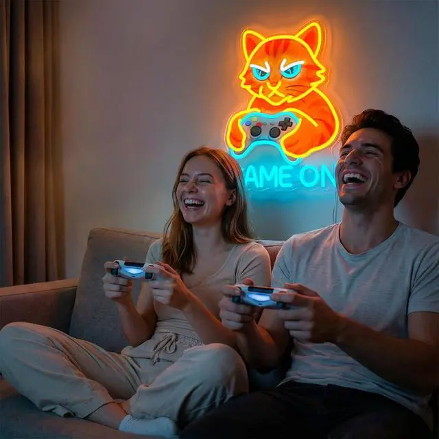 Alt view image 5 of 7 - Game On Cat Neon Sign,Neon Signs for Wall Decor,LED Gamer Cat Neon Light for Gaming Room,Funny Cat Holding Controller Neon Wall Decor,USB Powered Bright Sign for Bedroom,Game Zone,Teen Rooms