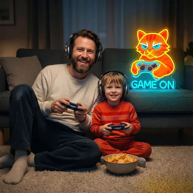 Alt view image 6 of 7 - Game On Cat Neon Sign,Neon Signs for Wall Decor,LED Gamer Cat Neon Light for Gaming Room,Funny Cat Holding Controller Neon Wall Decor,USB Powered Bright Sign for Bedroom,Game Zone,Teen Rooms