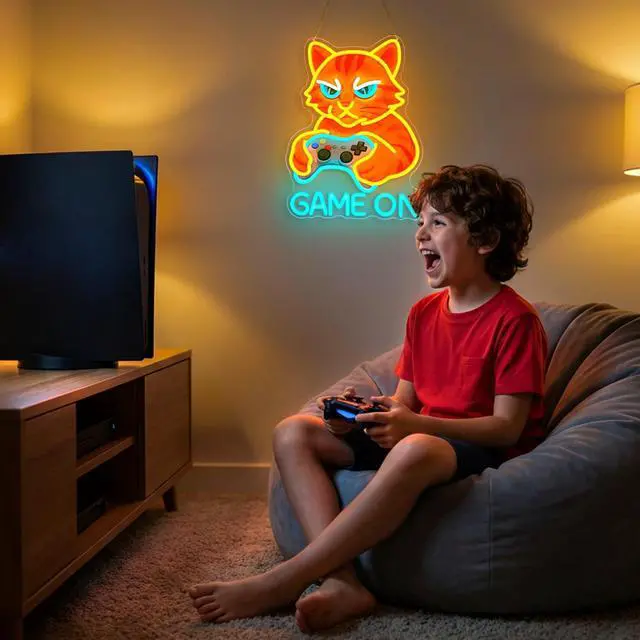 Alt view image 7 of 7 - Game On Cat Neon Sign,Neon Signs for Wall Decor,LED Gamer Cat Neon Light for Gaming Room,Funny Cat Holding Controller Neon Wall Decor,USB Powered Bright Sign for Bedroom,Game Zone,Teen Rooms