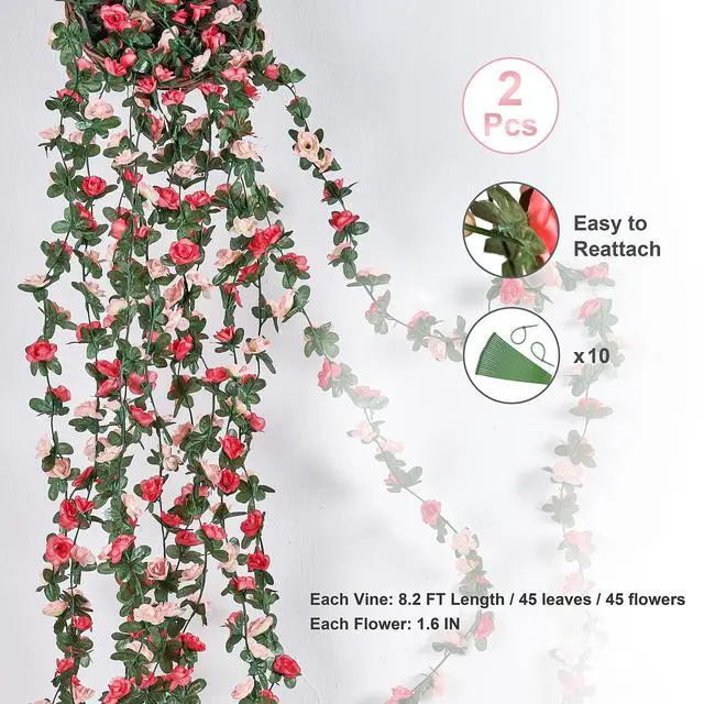 Alt view image 2 of 7 - 2Pcs 16.4Ft Flower Garland Artificial Rose Vines for Bedroom, Cute Fake Hanging Flower Vines Floral Garland Decorations for Wedding Party Wall Room Decor Aesthetic