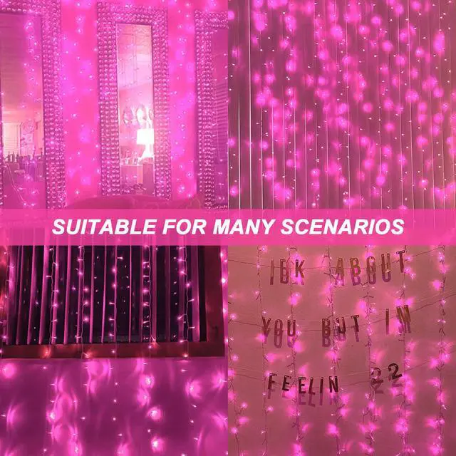 Alt view image 3 of 6 - 6.6x6.6 Ft Pink Curtain Lights, 8 Modes LED String Lights Room Decor