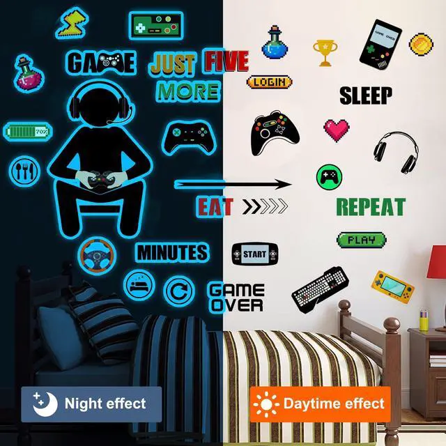 Alt view image 4 of 7 - Gamer Wall Decals Stickers Glow in The Dark Wall Decals Game Wall Stickers Gaming Controller Wall Decals Game Room Decor Video Game Decal for Boys Kids Girls Bedoom Playroom Wall Decor (Sky Blue)