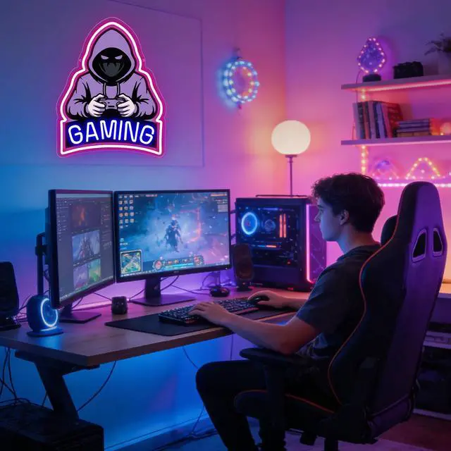 Alt view image 2 of 7 - Gaming Neon Sign, Purple Hooded Gamer LED Neon Sign with Controller, Gaming Wall Decor for Game Room, Bedroom, Man Cave, Perfect Gamer Gift for Men, Teens & Boys
