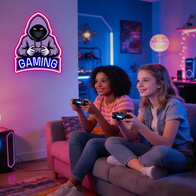 Alt view image 3 of 7 - Gaming Neon Sign, Purple Hooded Gamer LED Neon Sign with Controller, Gaming Wall Decor for Game Room, Bedroom, Man Cave, Perfect Gamer Gift for Men, Teens & Boys