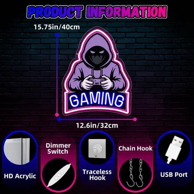 Alt view image 4 of 7 - Gaming Neon Sign, Purple Hooded Gamer LED Neon Sign with Controller, Gaming Wall Decor for Game Room, Bedroom, Man Cave, Perfect Gamer Gift for Men, Teens & Boys