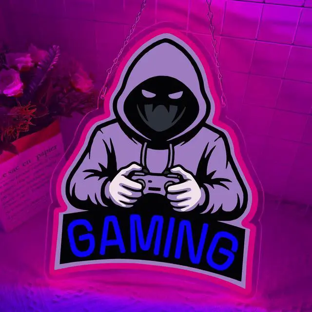 Main image of Gaming Neon Sign, Purple Hooded Gamer LED Neon Sign with Controller, Gaming Wall Decor for Game Room, Bedroom, Man Cave, Perfect Gamer Gift for Men, Teens & Boys