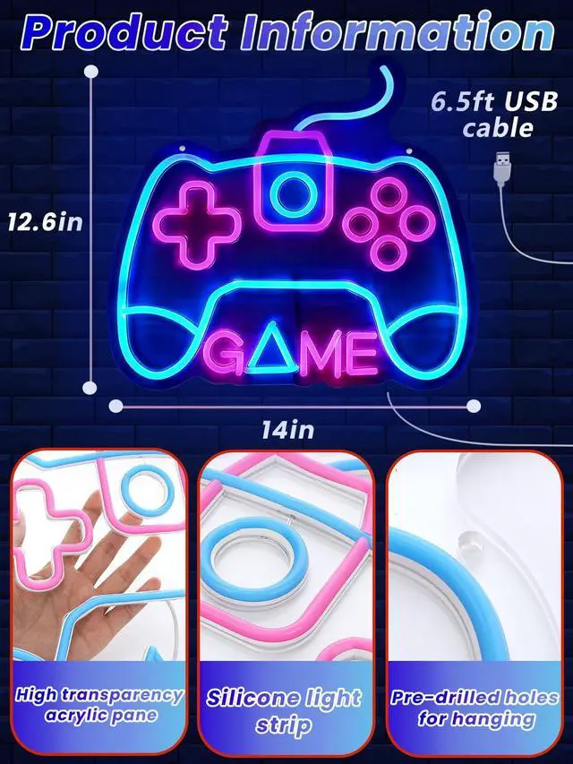 Alt view image 6 of 6 - Gamer Neon Sign for Gaming Room Decor - 12.6x14in USB Powered LED Neon Lights for Teen Room Wall Decorations, Birthday Gifts for Boys, Controller(Pink&Blue)