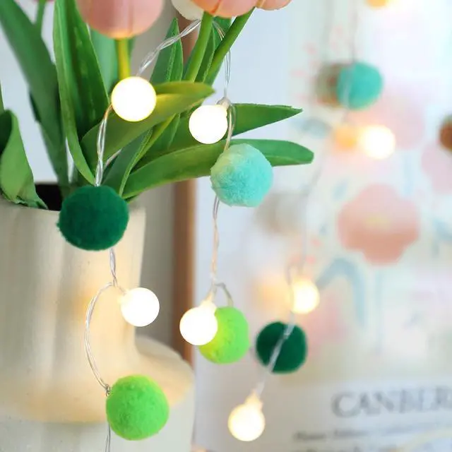 Main image of Indoor String Lights 6.56 Feet Pom Poms Fairy Lights 20 LED Battery Operated String Ball Lights Warm White Globe Lights Colorful Decor Lights for Home Bedroom Kids Playhouse Holiday Christmas